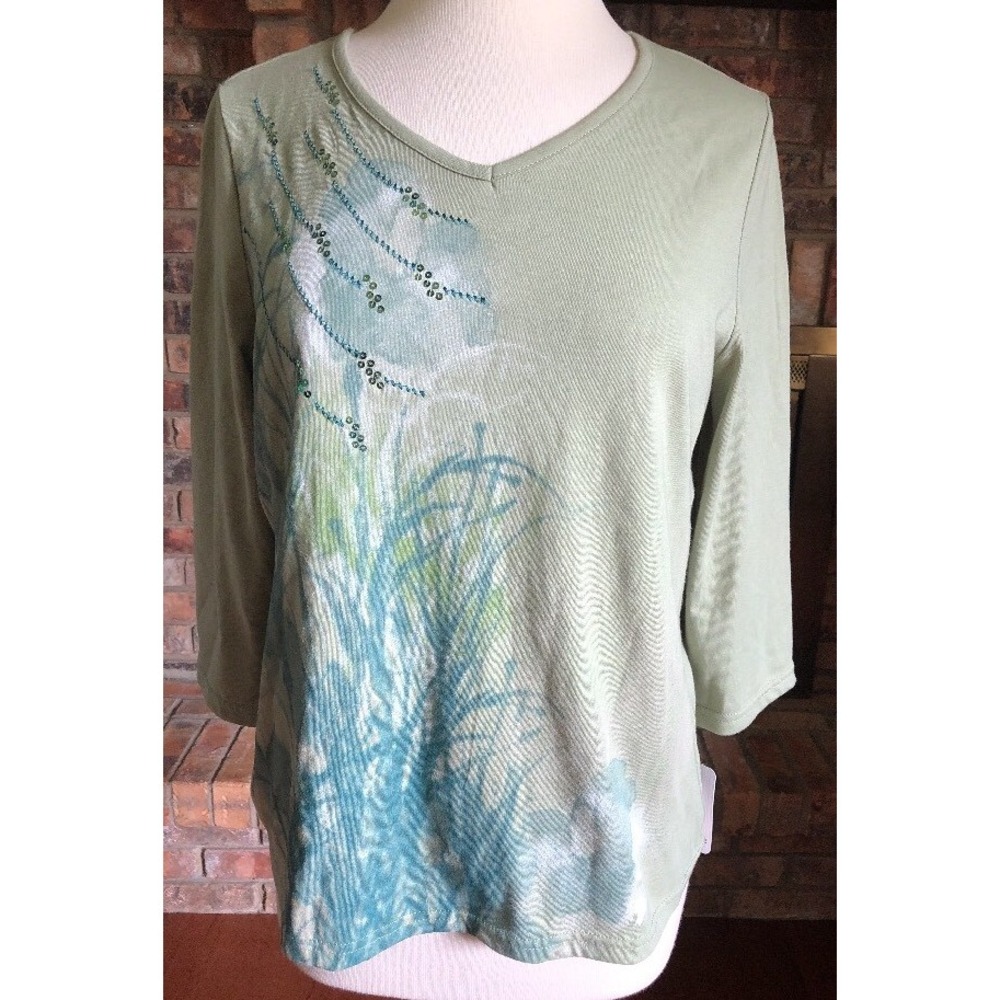 Breckenridge Women Top Sz M Green Floral Print Embellishment 3/4 Sleeves
